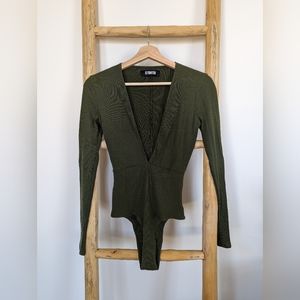 Reformation Plunge V Neck Long Sleeve Bodysuit Shirt Top Dark Olive Green